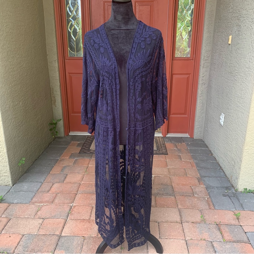 Midnight Blue Coastal Boho Glam Lace Open Front Cardigan